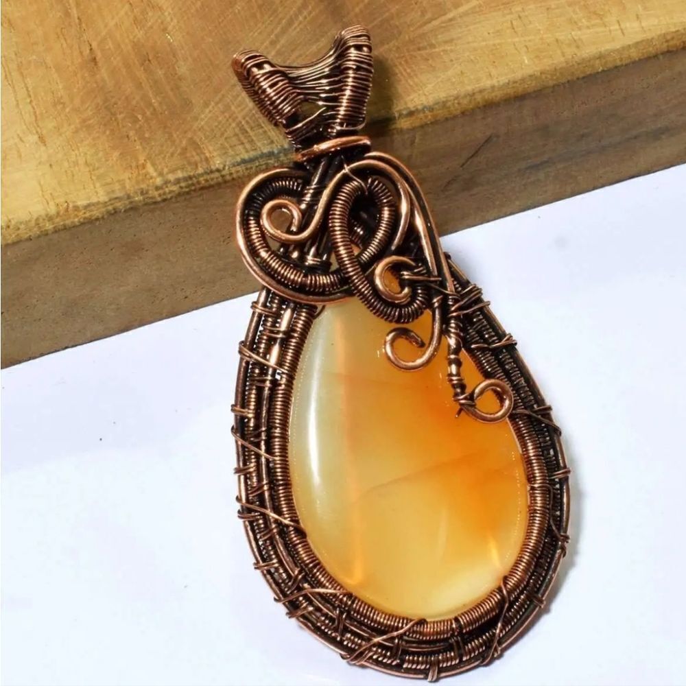 Carnelian Ethnic Handmade Copper Wire Wrapped Pendant Jewelry 2.77"